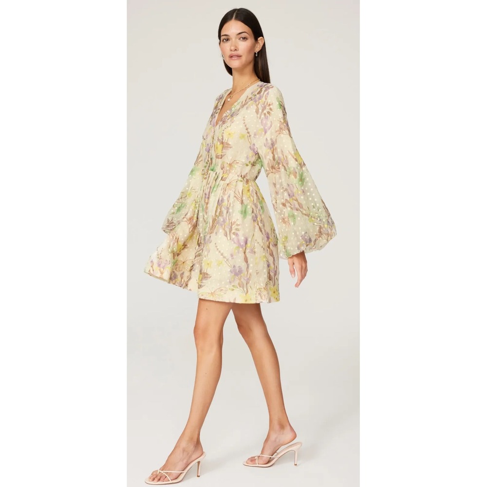 Alexis Floral Print Mini Dress Balloon Sleeve Button Front Tie‎ Waist Sheer - Picture 2 of 11